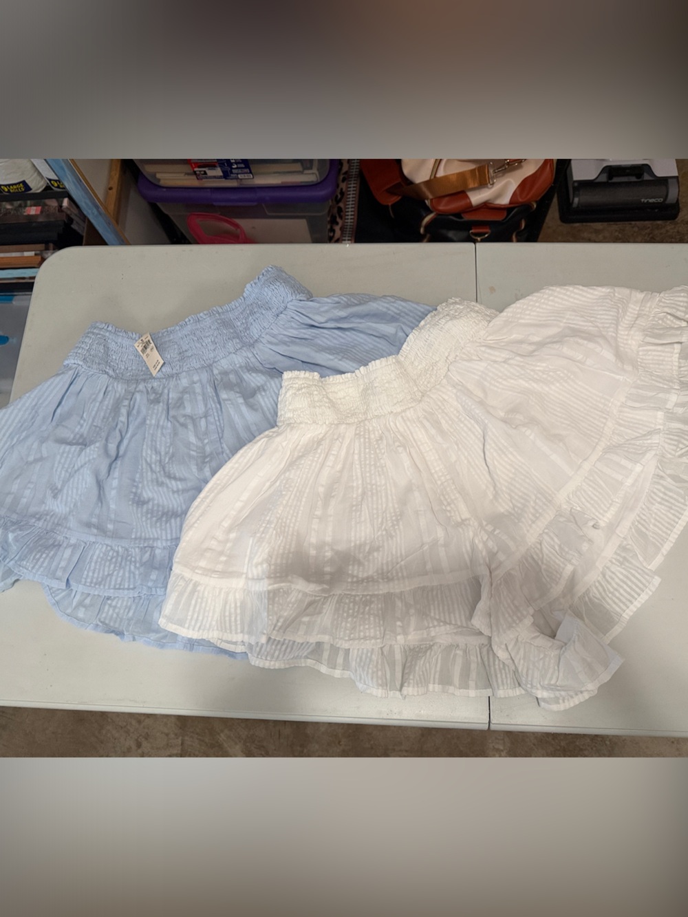 Two pair of Aerie Ruffled Tiered Shorts in Light Blue and White
